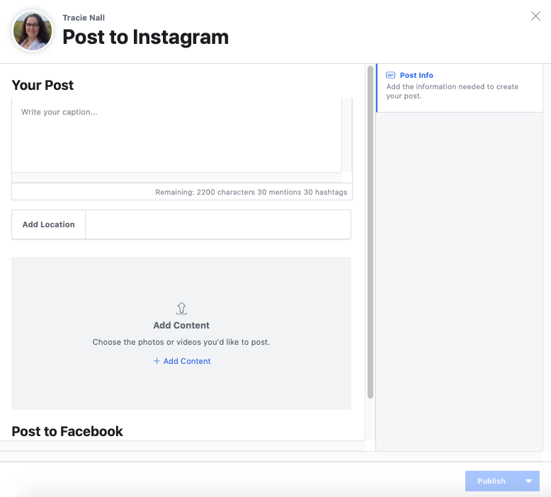 Screenshot of space to create an Instagram post in Facebook Creator Studio
