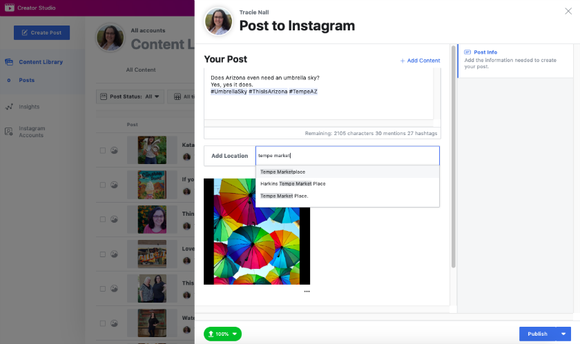 Screenshot: creating a caption and tagging location for Instagram post
