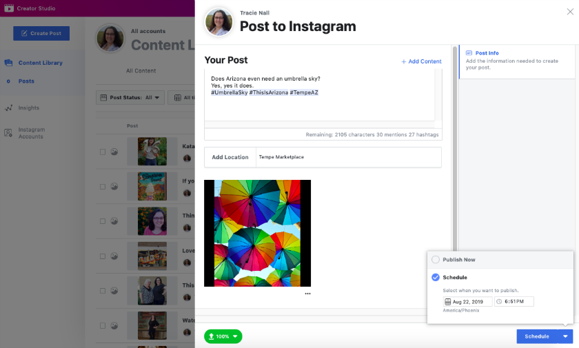 Screenshot: schedule Instagram posts in FB Creator Studio