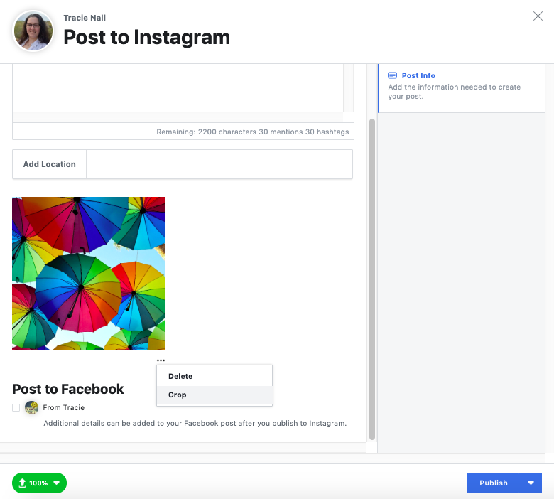 Editing a photo on Facebook Creator Studio before scheduling on Instagram - screenshot