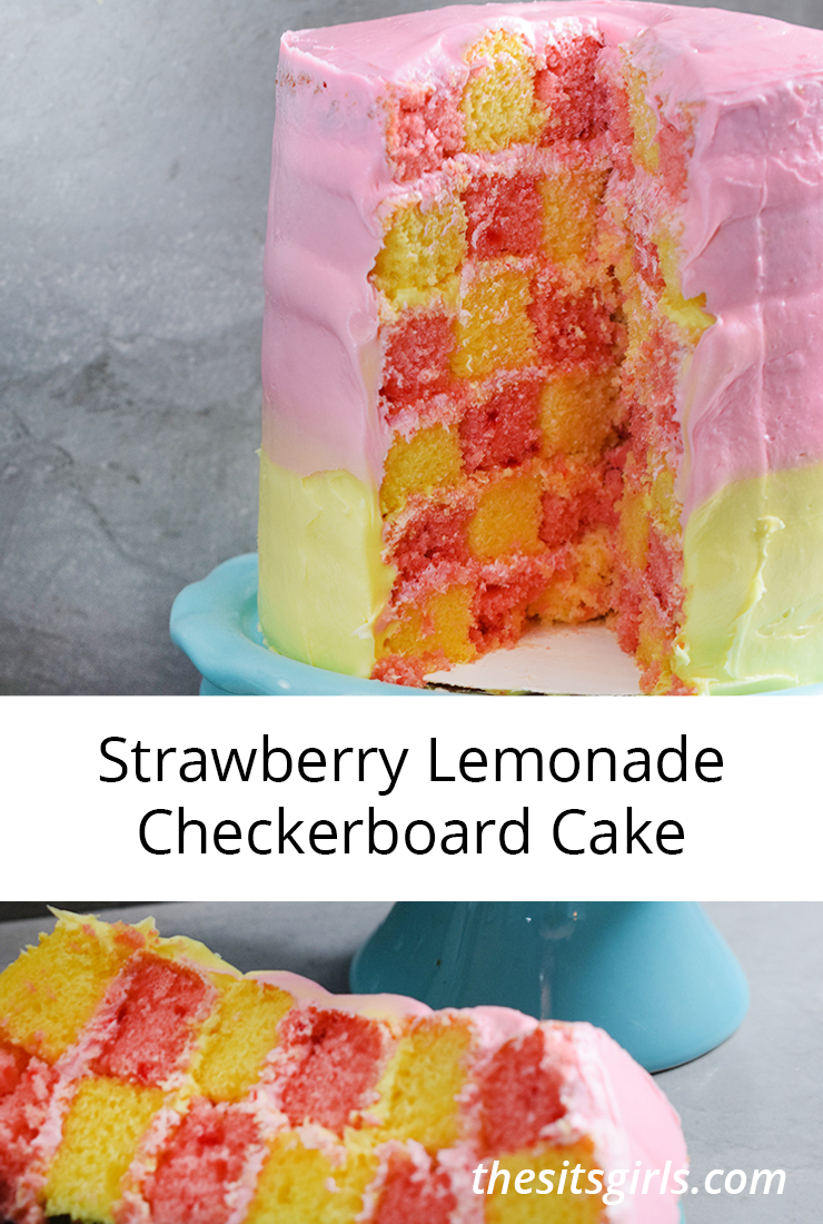 Pink and yellow cake with the words strawberry lemonade checkerboard cake.