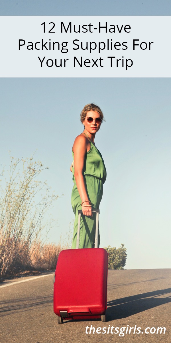 Woman with a red suitcase standing in the road under the words 12 must-have packing supplies for your next trip.