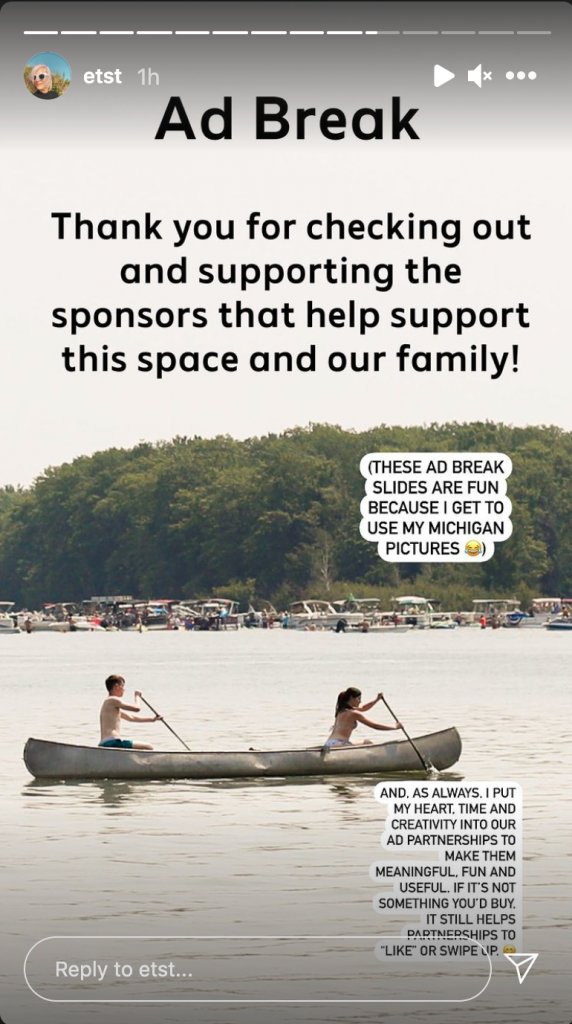 Screenshot of an Instagram Story frame that is an ad break. Text: Ad Break. Thank you for checking out the supoorting the sponsors that help support this space and our family!