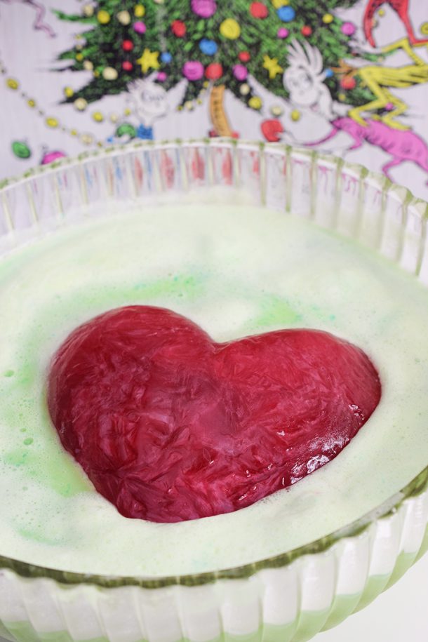 Holiday Grinch Punch with red heart.