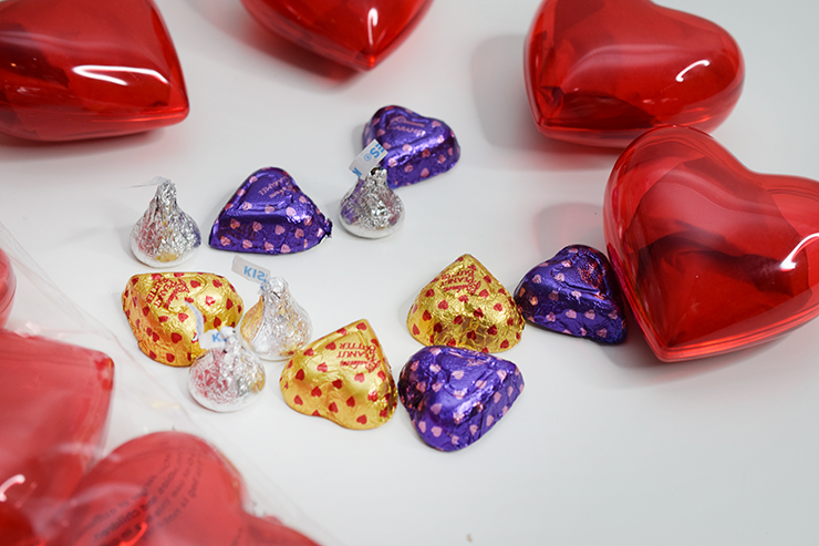 Chocolate kisses and chocolate hearts. 
