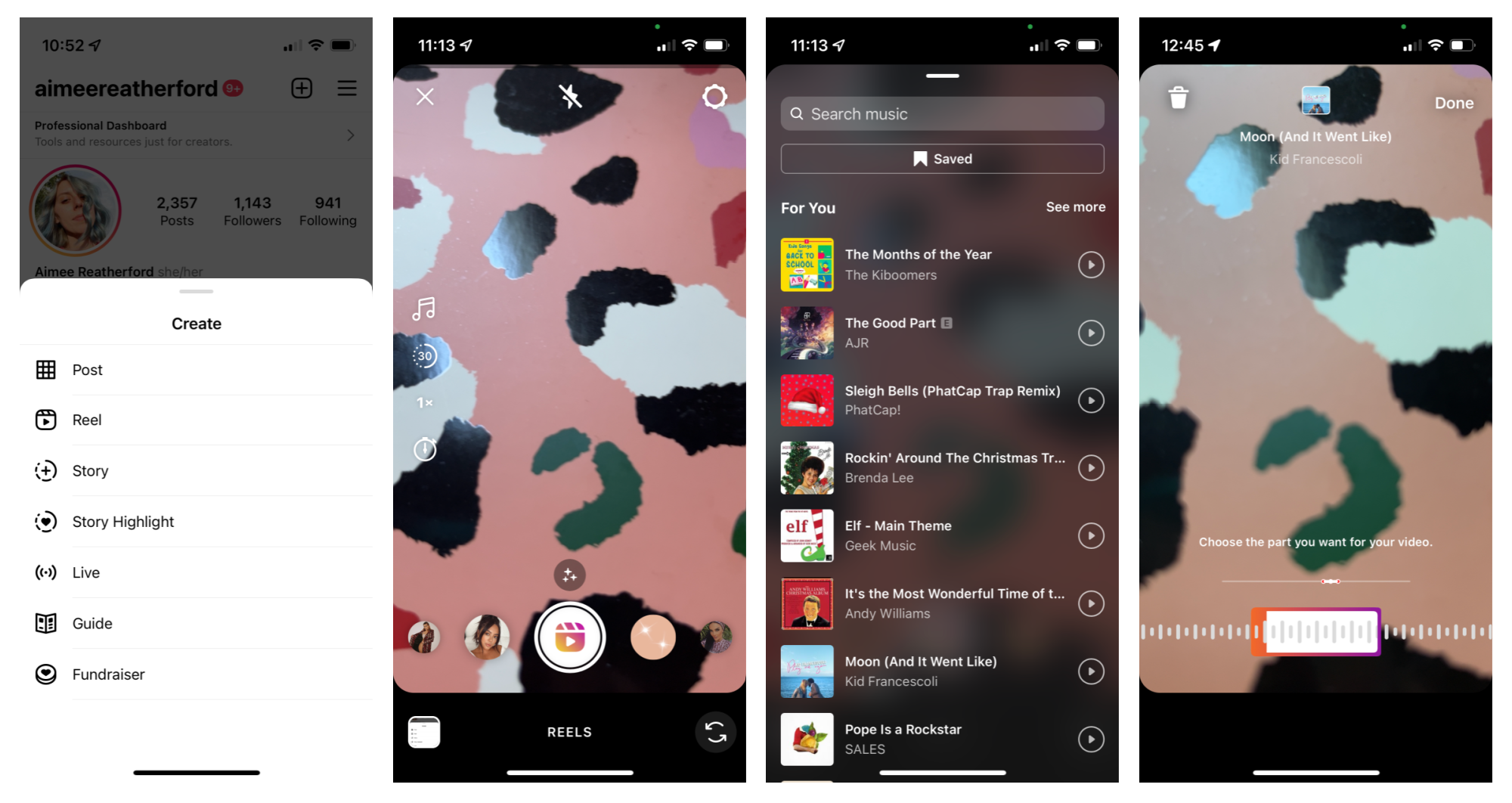 Screenshots from Instagram showing how to begin creating an Instagram Reel.