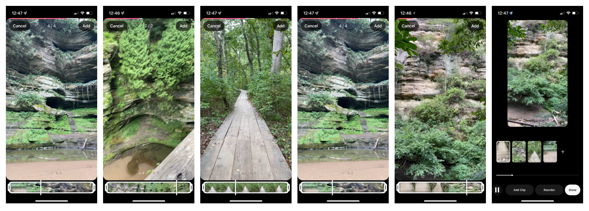 Screenshots of creating an Instagram Reels video.
