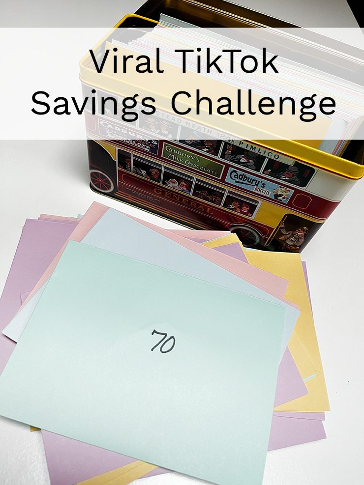 Viral TikTok Savings Challenge - picture of multicolored envelopes with numbers on them and a metal tin. 