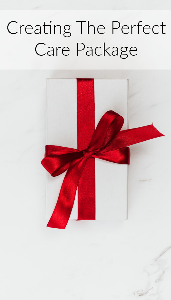 A white box with a red bow under the words Creating The Perfect Care Package.
