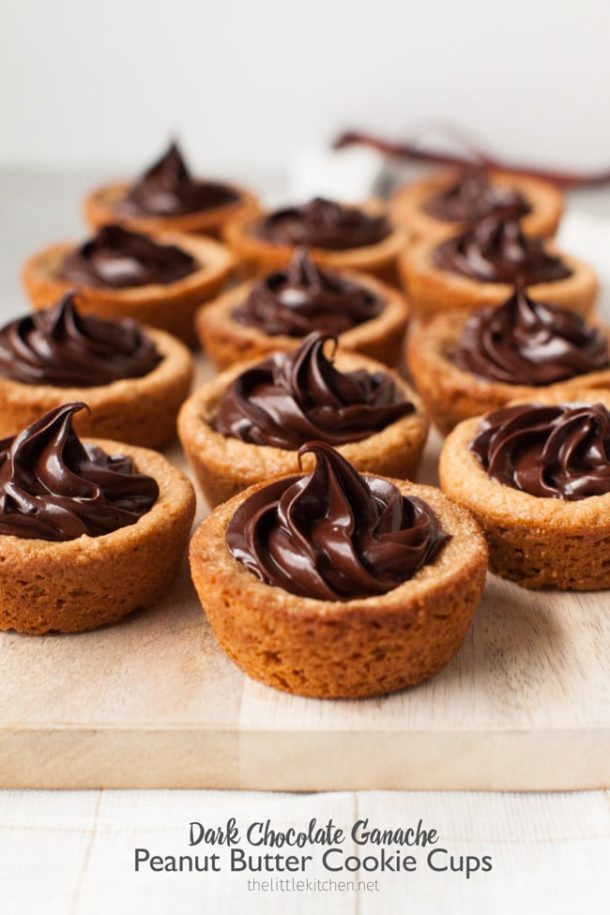 Peanut butter cups with dark chocolate ganache.