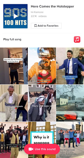 Screenshot of TikTok Sound page with recent videos populated that have used that sound.