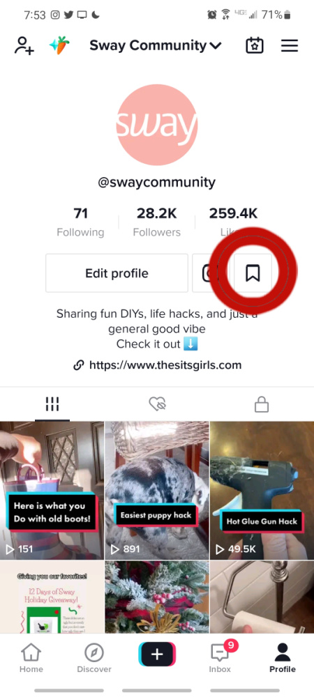 Screenshot of TikTok profile page with the favorite button circled in red.