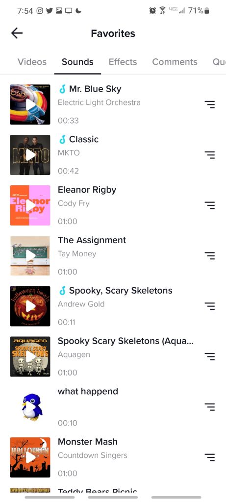 Screenshot of the favorite sounds page on TiKTok.