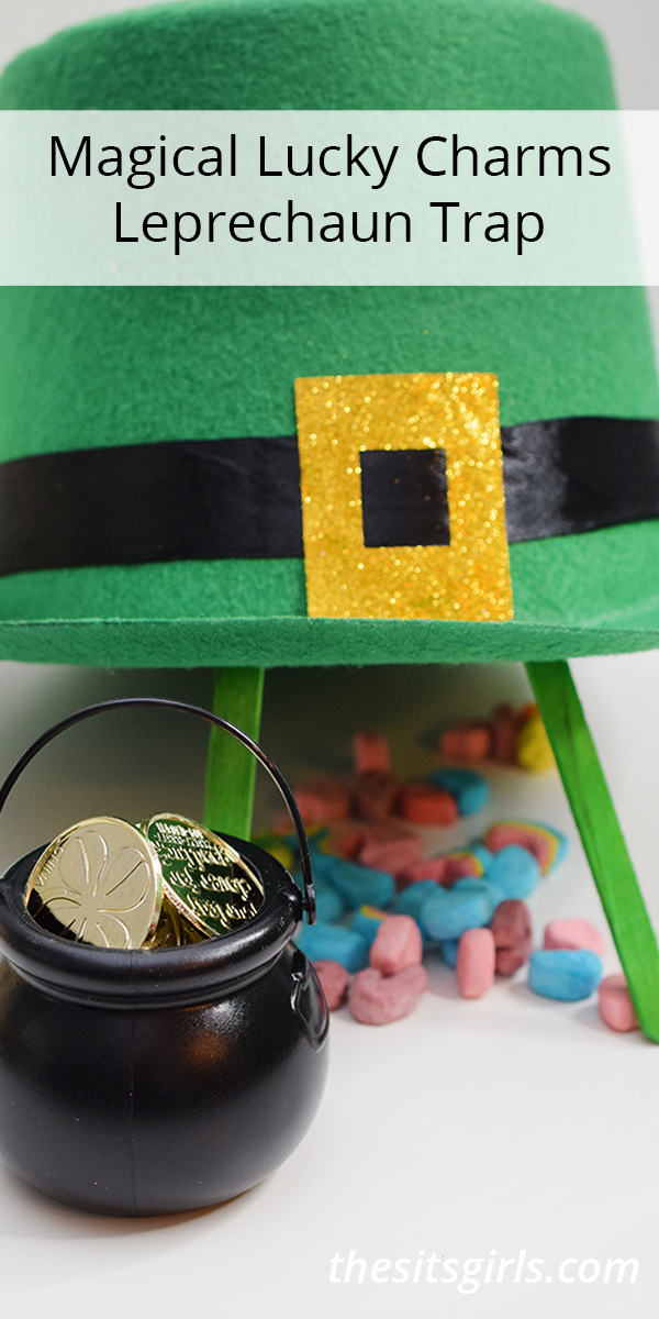 Magical Lucky Charms Leprechaun Trap with a green felt hat, pot of gold candy, and Lucky Charms. 