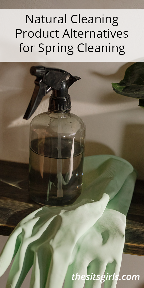 Picture of glass spray bottle with the words 'natural cleaning product alternatives for spring cleaning.'