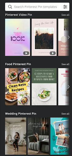 Screenshot of Canva with available templates categorized by type.