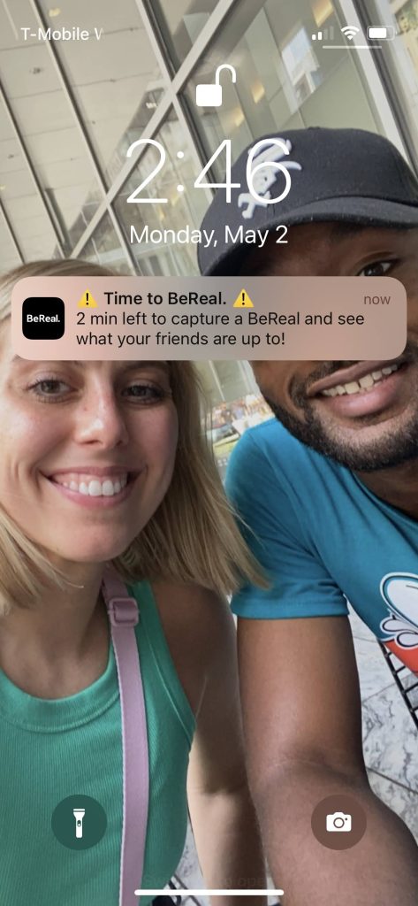 Notification that it's time to BeReal! You have 2 min left to capture a BeReal and see what your friends are up to!