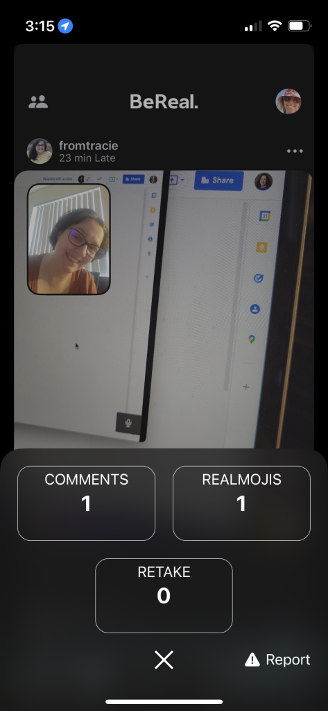 Screenshot of BeReal app that shows the number of retakes a user had when capturing their image.