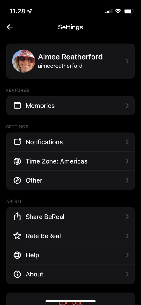 Screenshot of BeReal App settings screen.