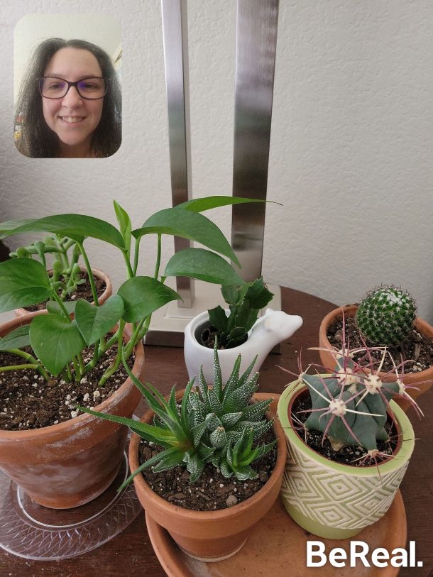 Example of a BeReal image - a picture of plants sitting on a table with a smaller picture layered over the top left side of a woman smiling.
