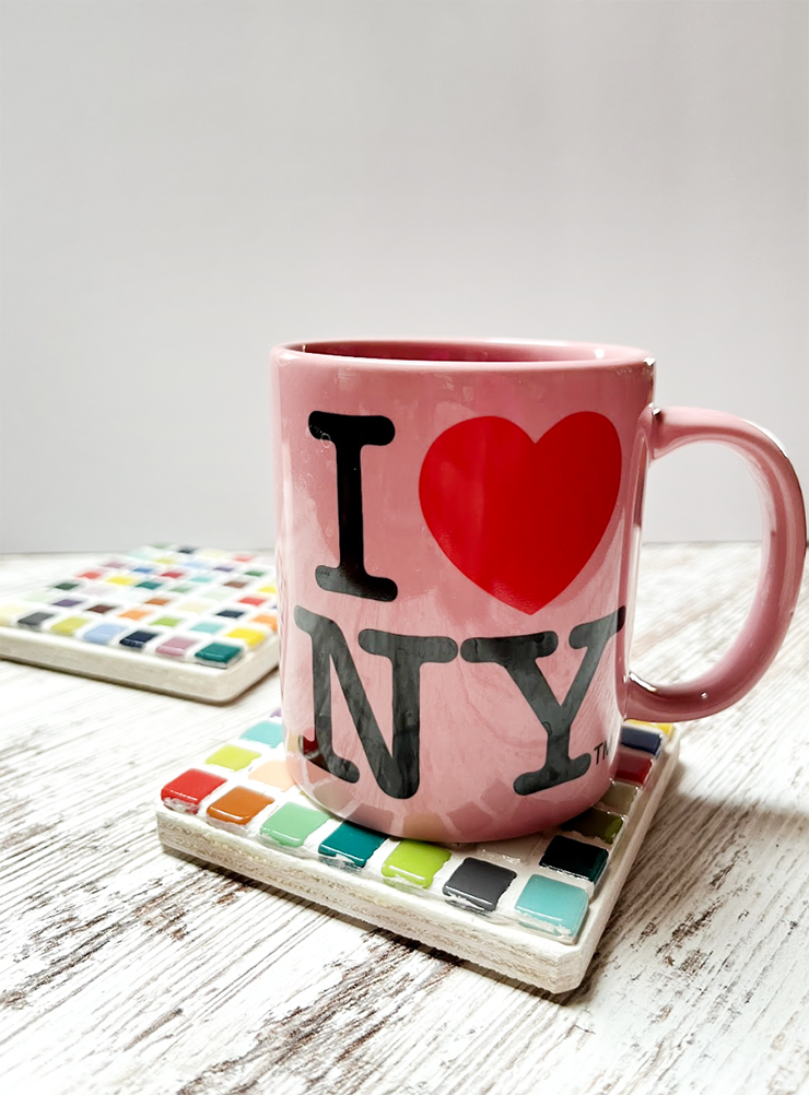 DIY coasters with I heart NY mug on top.