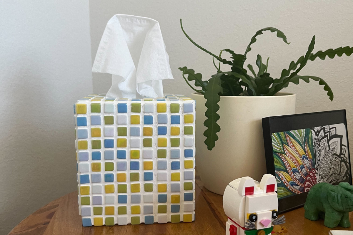 Mosaic tile tissue box sitting on an end table next to a potted plant and small figurines. 