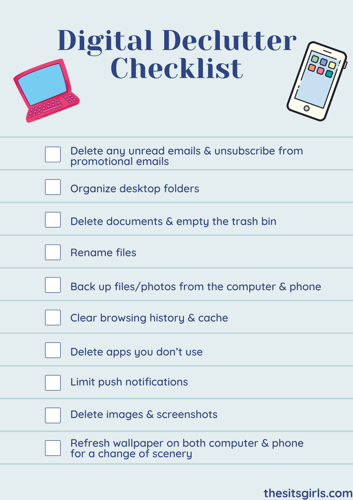 Digital Declutter Checklist with ten tasks to help you get organized.