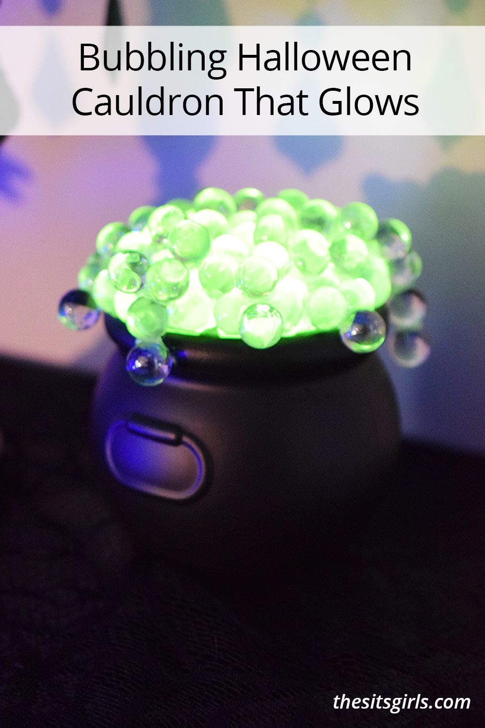 Bubbling cauldron that glows with bright green light under the bubbles.