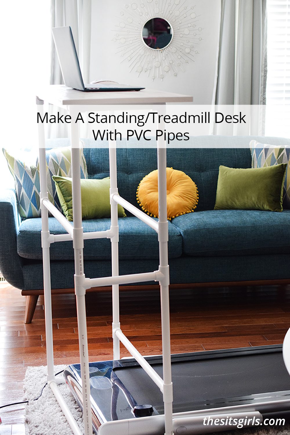 Standing desk sitting over a treadmill with a laptop sitting on it and the words 'Make a standing/treadmill desk with PVC pipes'. 