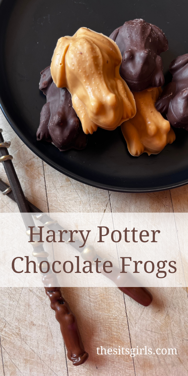 Harry Potter Chocolate Frogs - dark and light chocolate frogs sitting on a black plate next to two wizard wands.